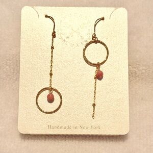 Gold and Pink Rhodonite Circle Asymmetrical Dangle Earrings